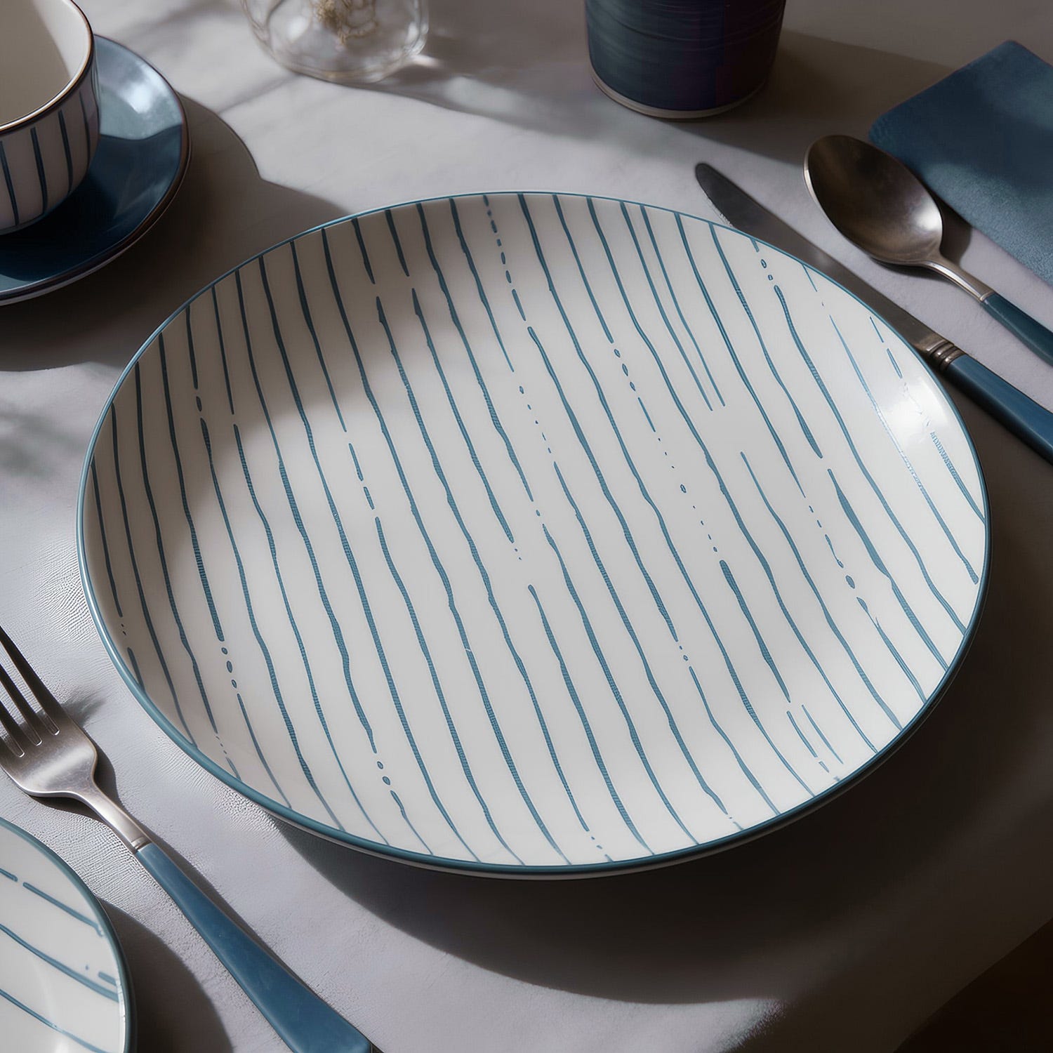 Piatto piano bianco righe blu porcellana Mix e Match