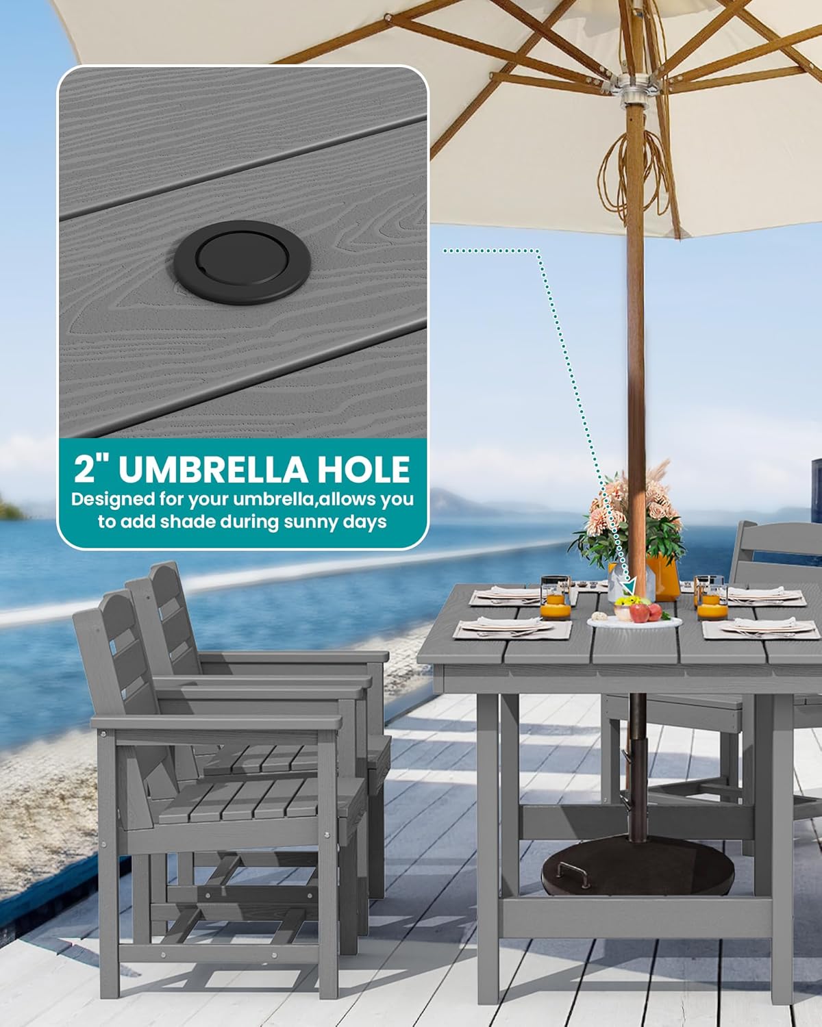 SERWALL Outdoor HDPE Dining Table Set  7-Piece Outdoor Dining Table Sets with Umbrella Hole Cut-Out Table and 6 Chairs  Gray