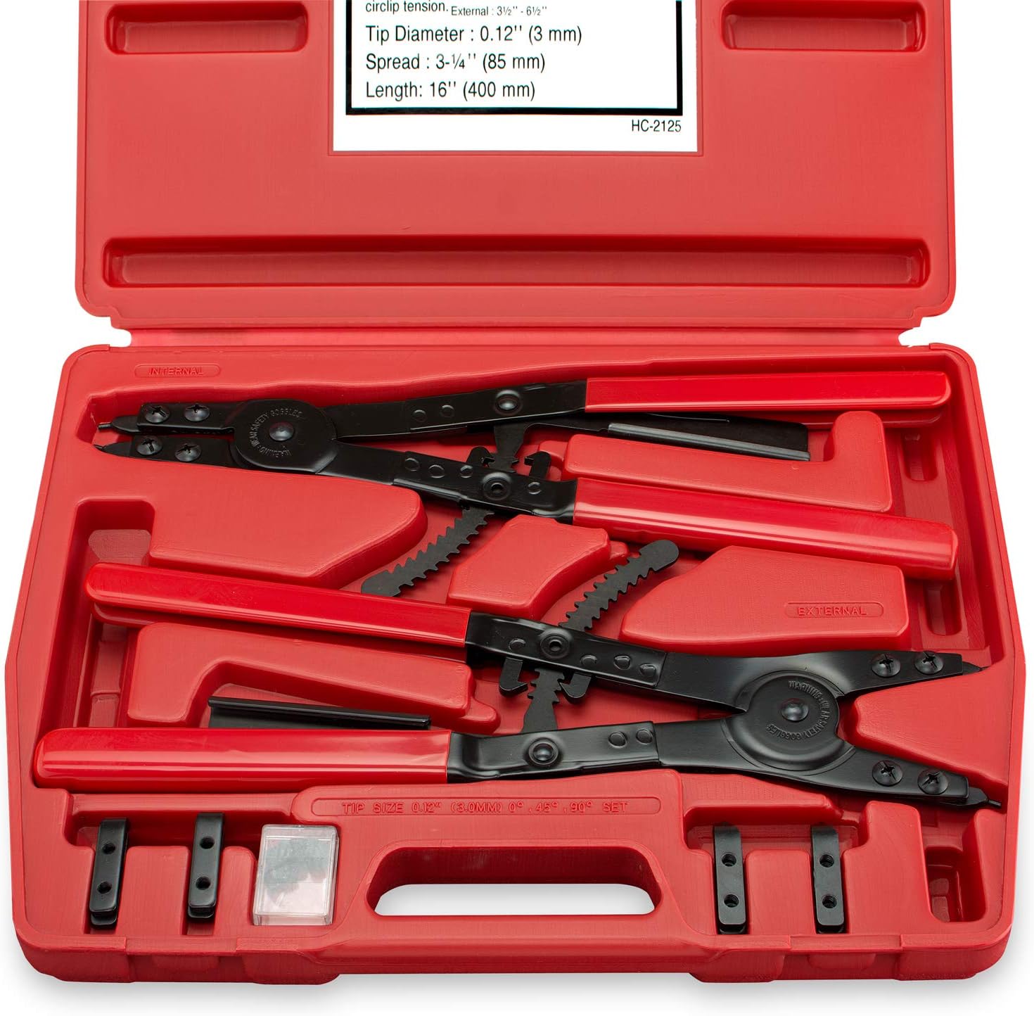 Neiko 02130A Heavy Duty 16 Snap Ring Plier Set, 2 Piece, External and Internal Pliers, Straight, 45°, 90° Tips