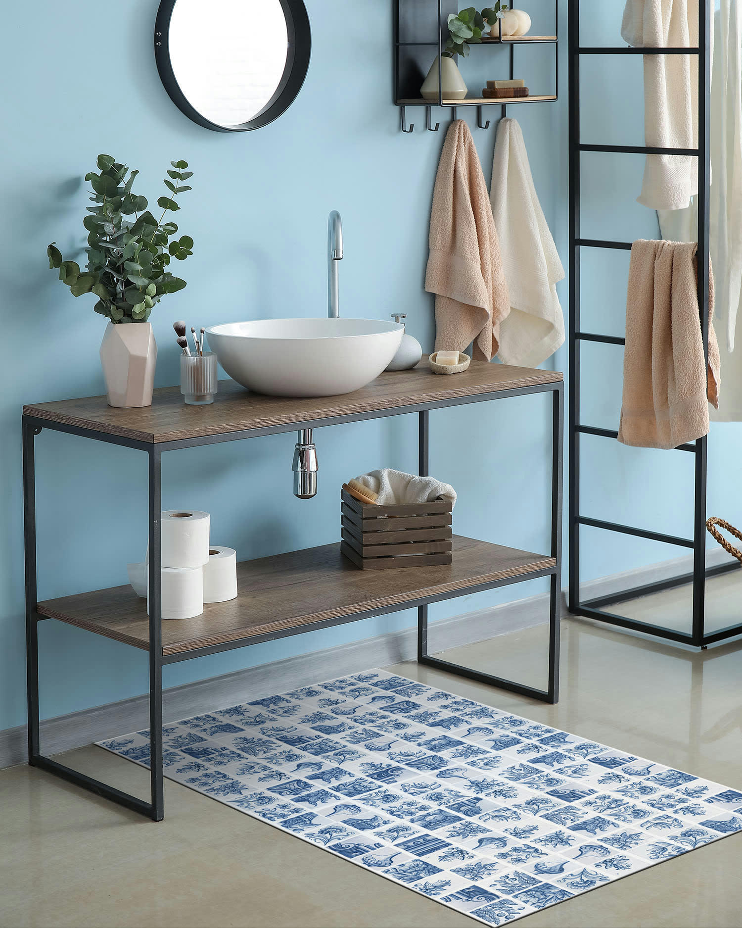 ALFOMBRAS AZULEJOS - Tapis vinyle carreaux ciments séville bleu 120x160cm