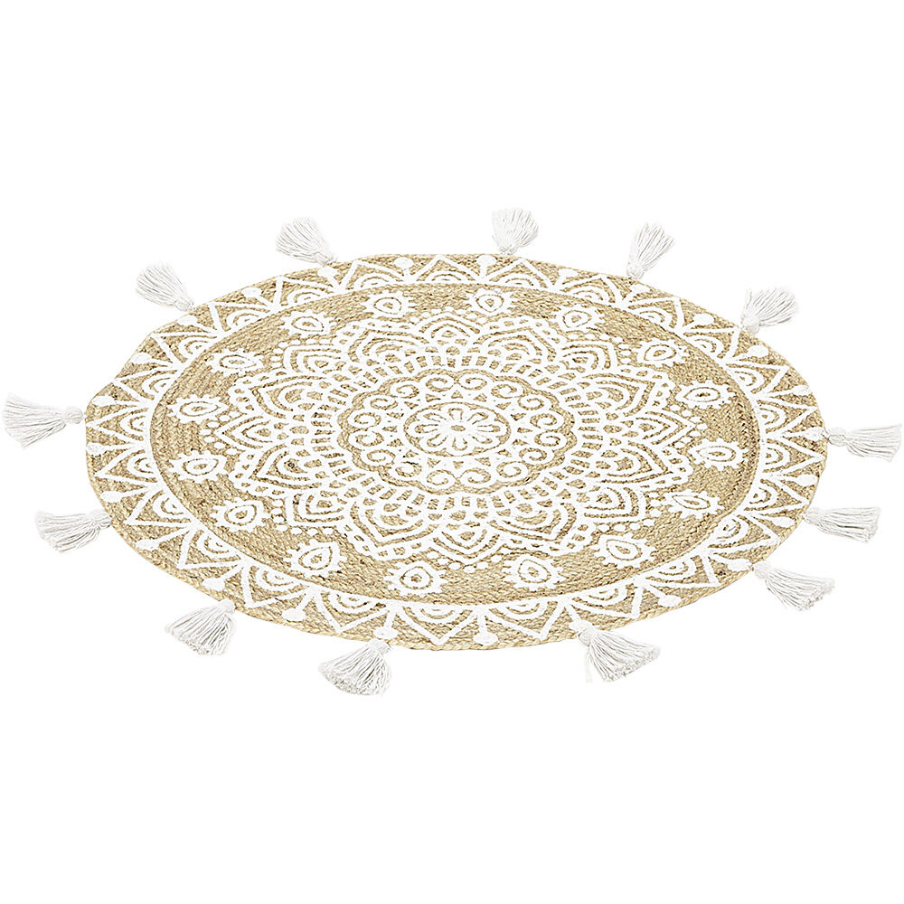 Tapis rond à franges jute naturel motif rosace blanc