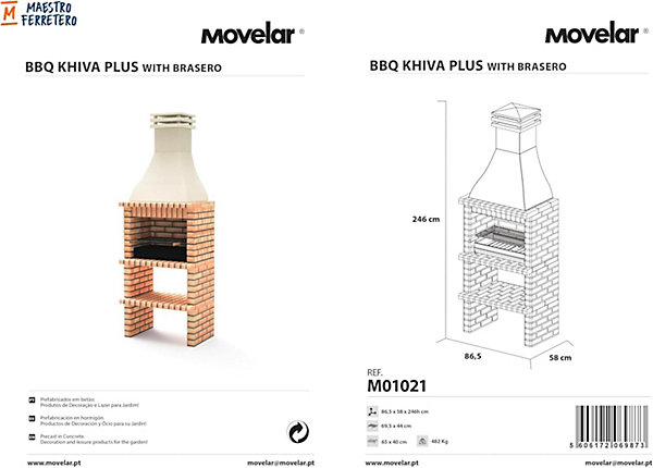 MOVELAR - Barbecue en Béton pour Bois/Charbon KHIVA PLUS avec Grille (Orange/Beige - 86,5x58x246 cm) M01021 - Extérieur