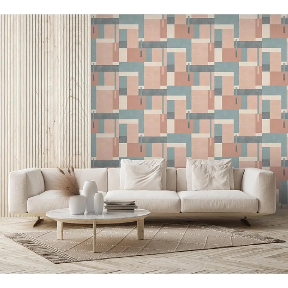 Dutch Wallcoverings - Arty Blocks oudroze/blauw/beige - 0,53x10,05m