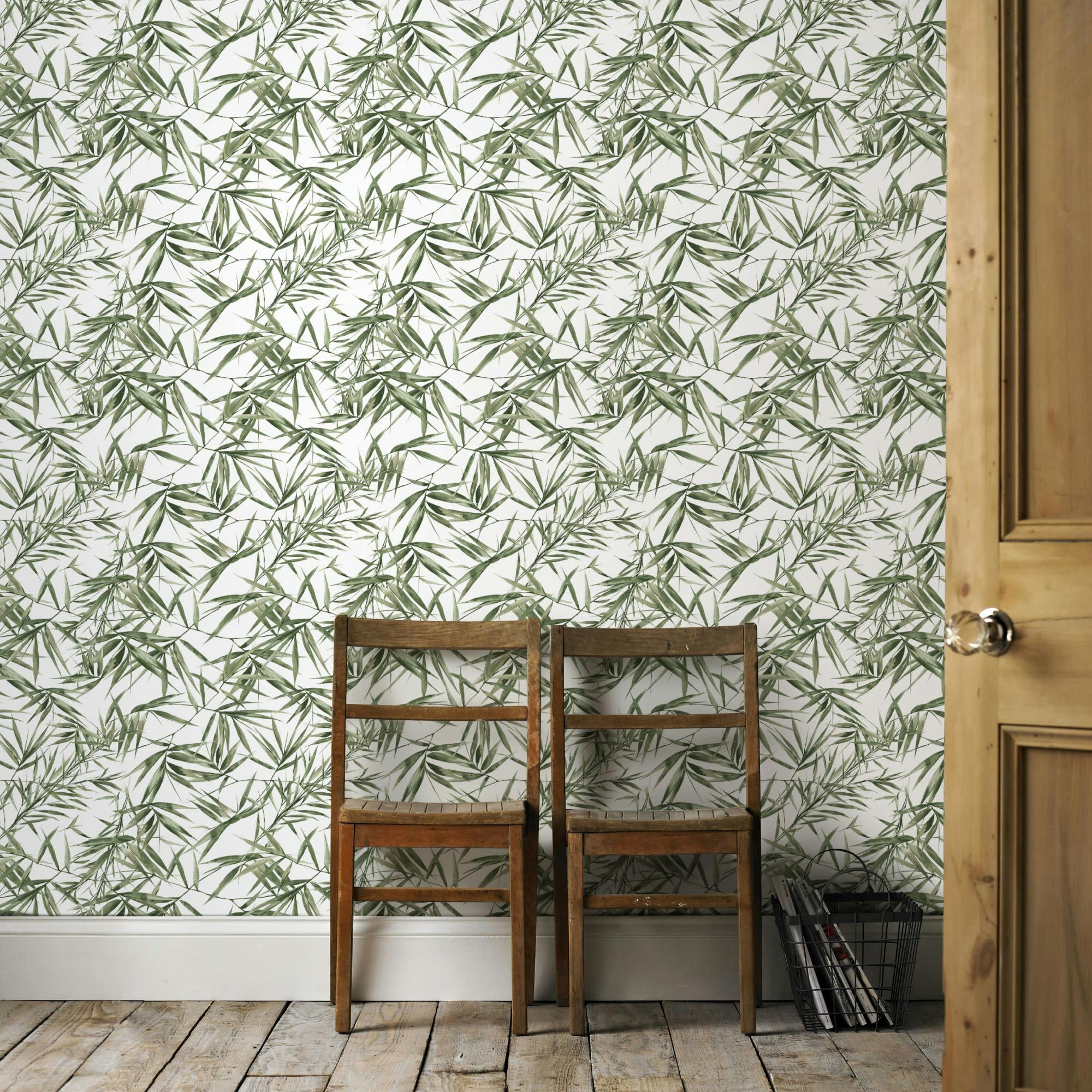 - Papier peint intissé feuilles de bambou vert blanc 1005x52cm