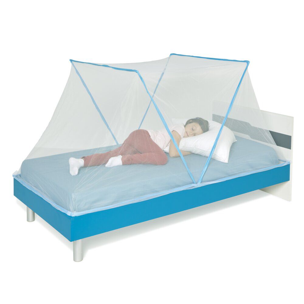 Moustiquaire dôme pliable pour lit 1 place bleu et blanc