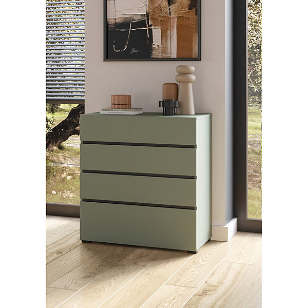 Commode HAVANA4 tiroirsColoris vert sauge et noirStyle moderne et rangement compact