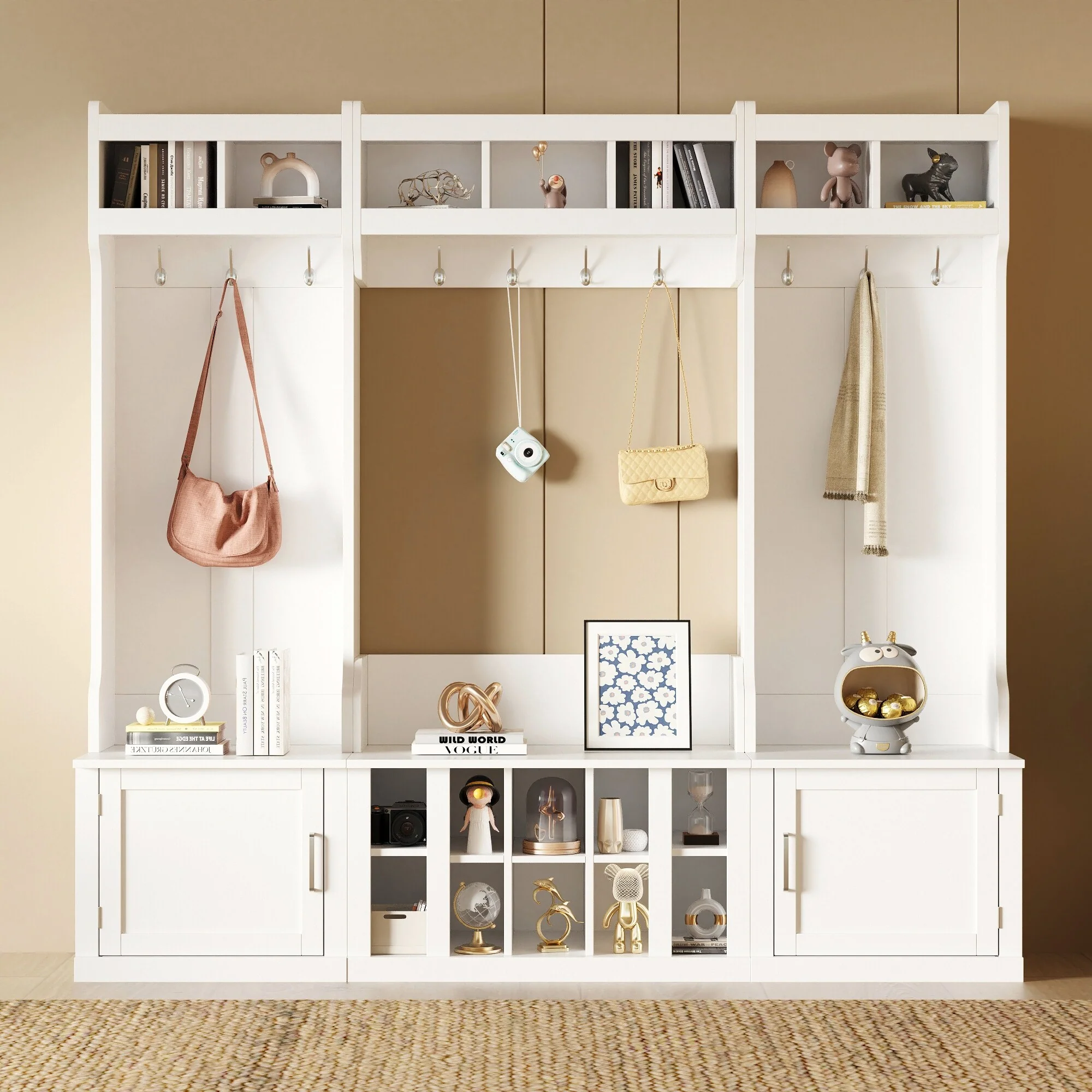 Wide Design Hall Tree with Storage and Bench, 4-IN-1 Multi-functional Entryway Bench with Coat Rack and Shoe Cubbies