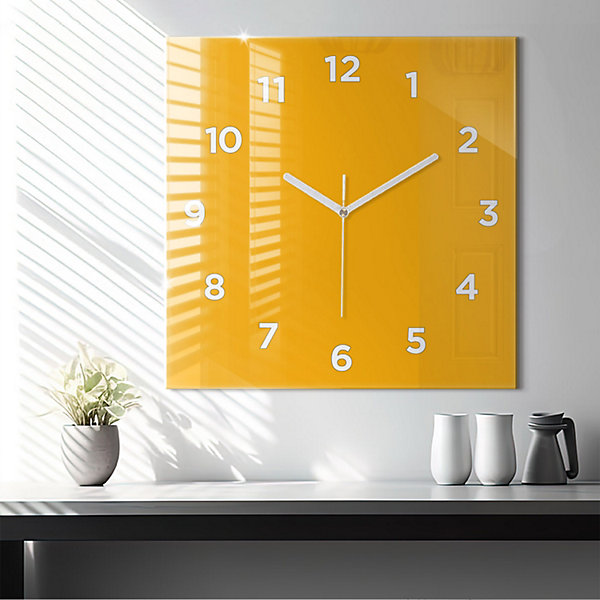 Horloge murale Wallfluent 60x60 cm Avec chiffres Aiguilles blanches Jaune foncé 1 pcs