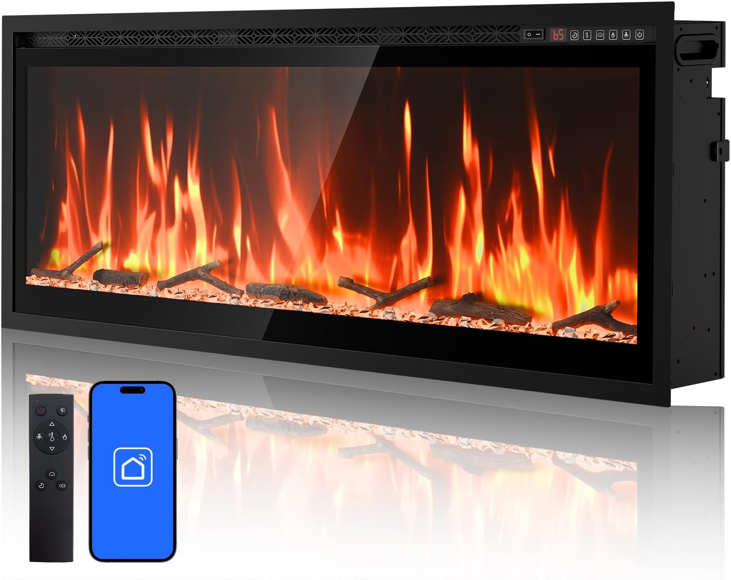 50” Smart Electric Fireplace with Voice Control, Realistic Flame, Crackling Sound, Wall Mounted or Recessed Fireplace Insert, App/Remote Control, Logs & Crystals Included for Living Room,Bedroom