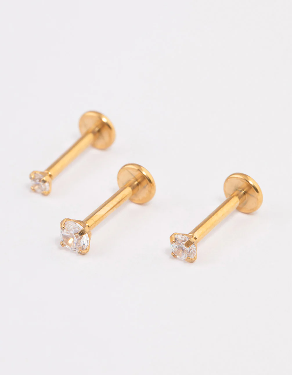 Gold Plated Surgical Steel Cubic Zirconia  Threadless Flat Back Studs Pack