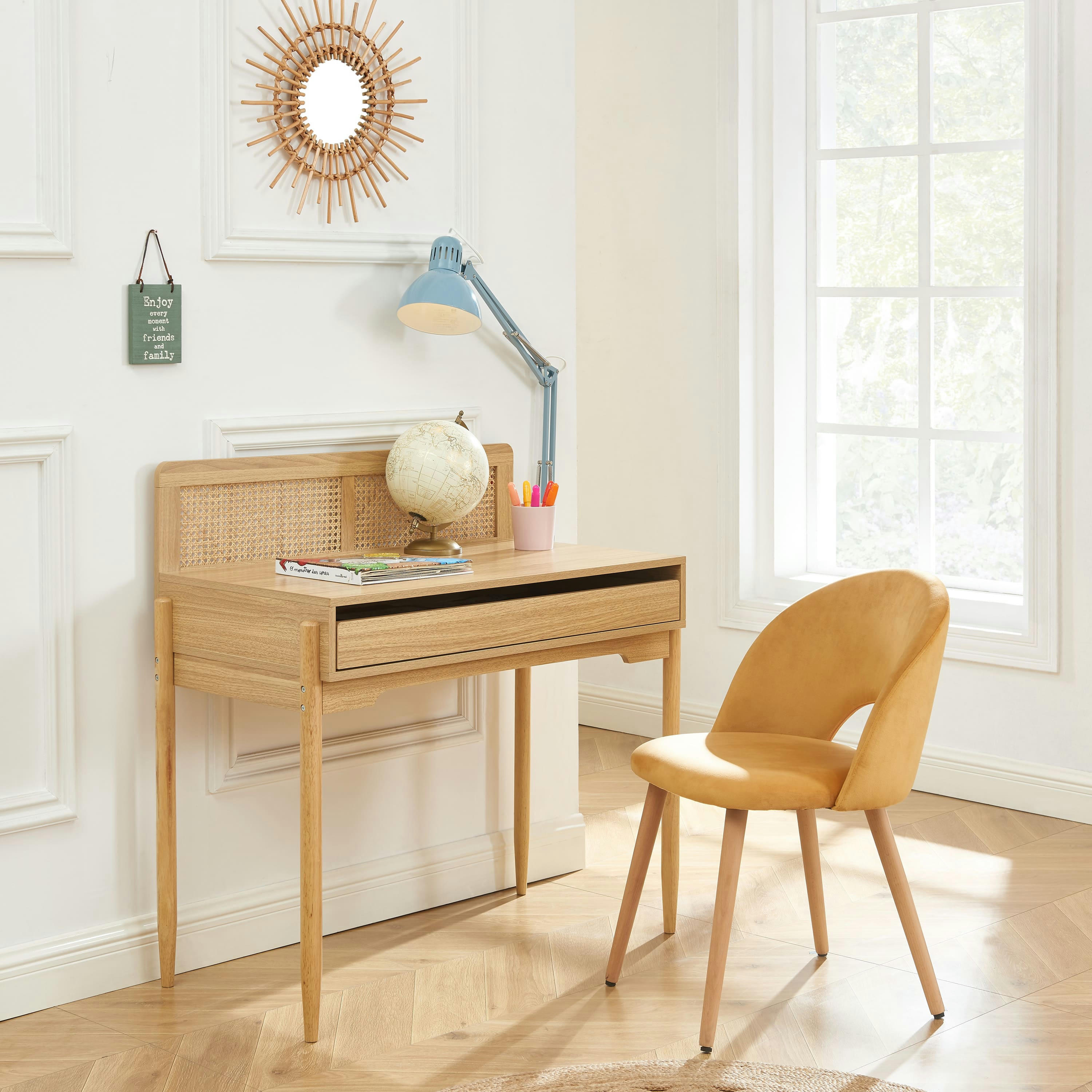 PABLO - Bureau  cannage rotin et effet bois 1 tiroir