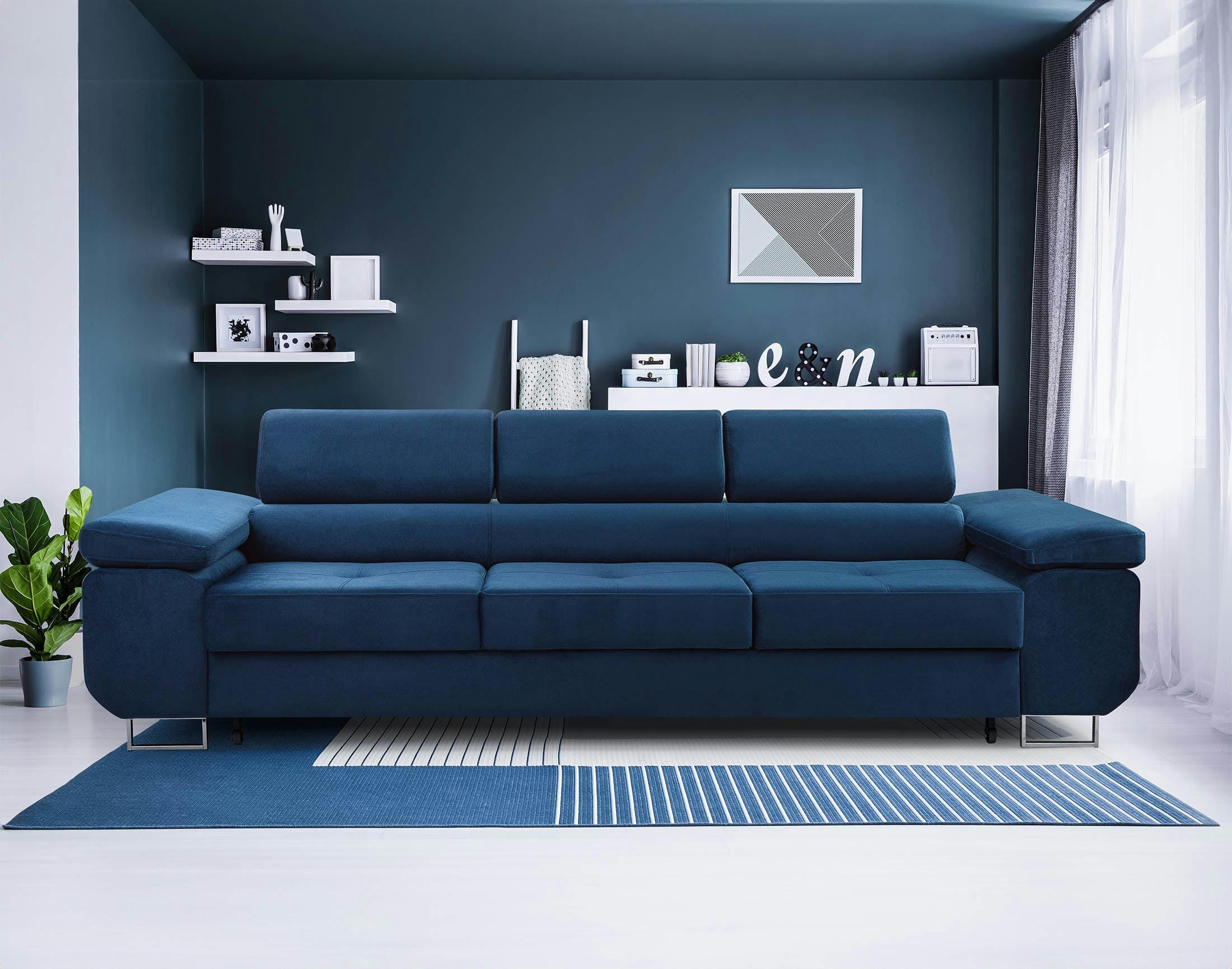 PABLO - Canapé droit convertible 3 places en velours bleu nuit