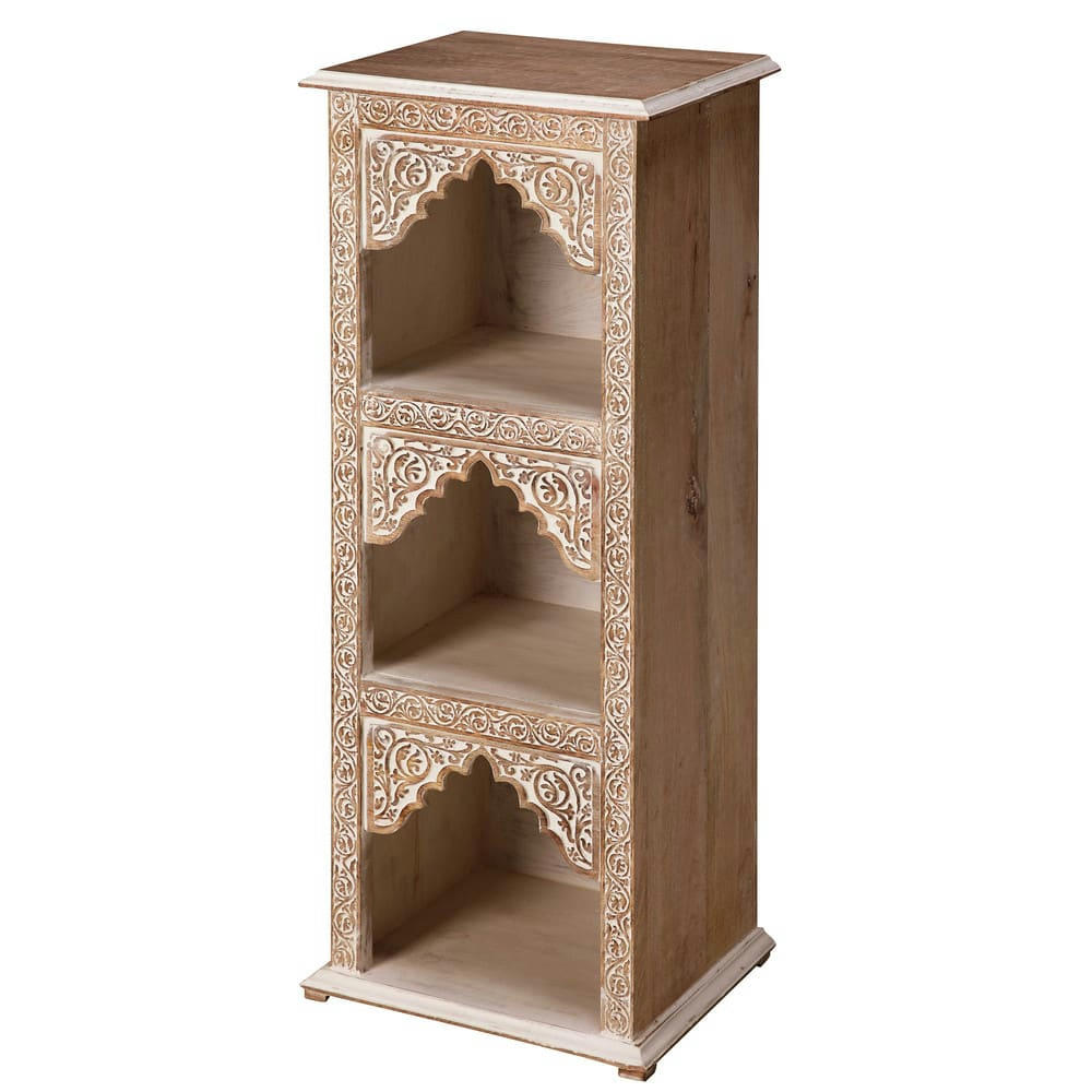 Agra - Étagère en bois de manguier sculpté et blanchi