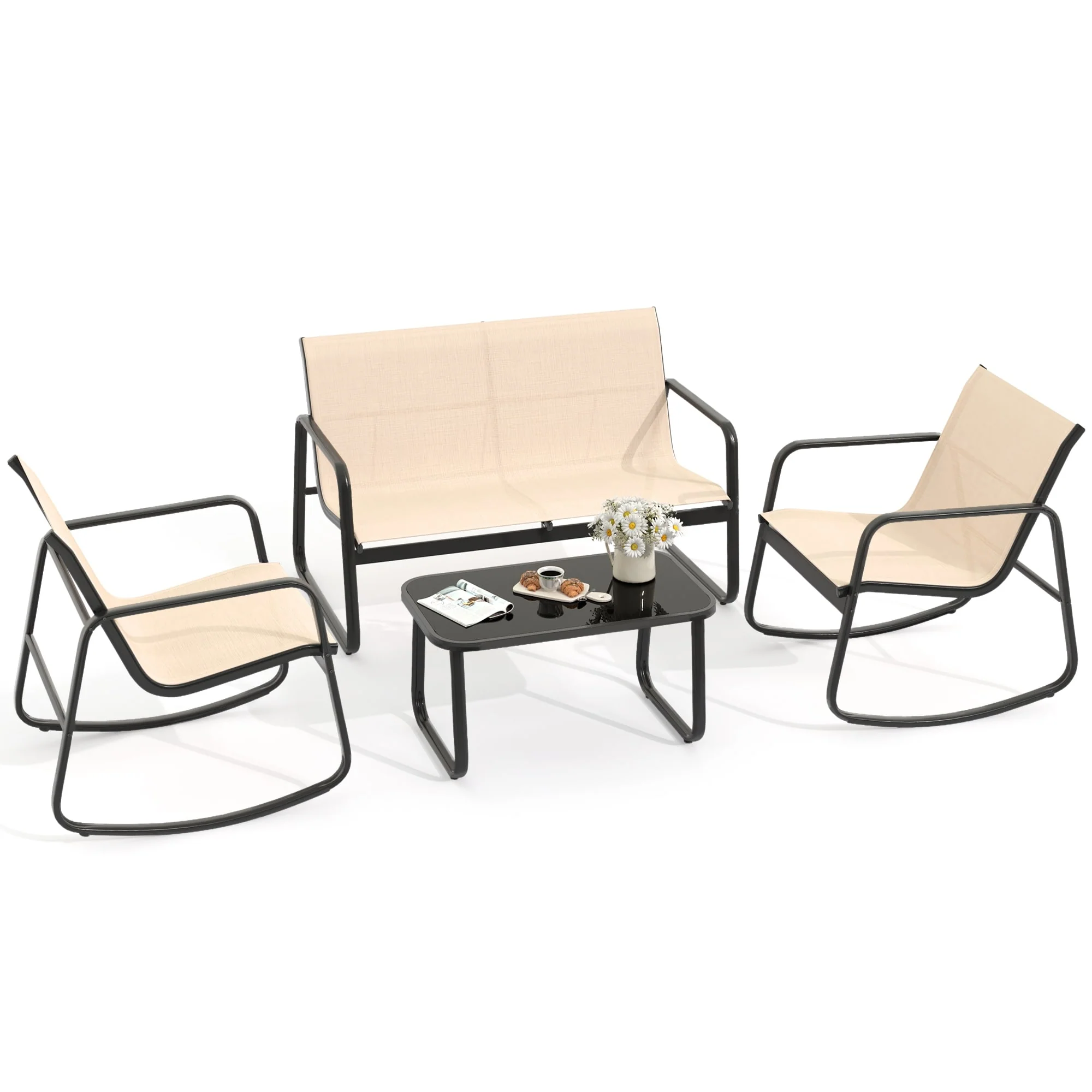 Moasis 4-Piece Outdoor Patio Textline Conversation Set with Glass Table