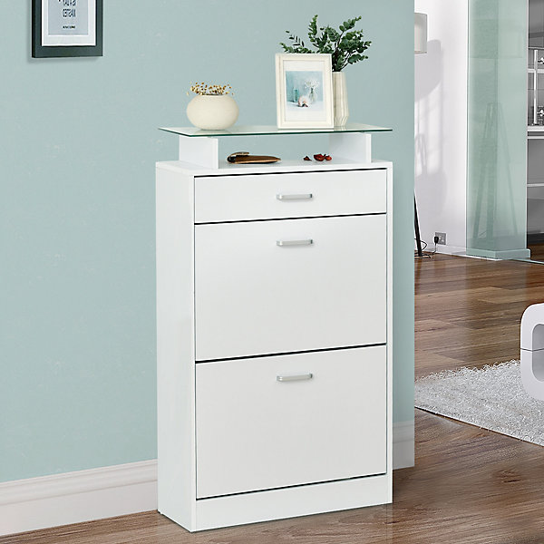 Armoire à chaussures organisateur de luxe pour chaussures 2 portes abattantes 2 compartiments tiroir étagère verre blanc
