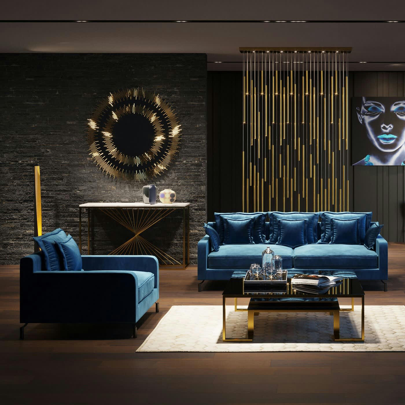 LULLABY - Fauteuil en velours bleu pétrole et acier