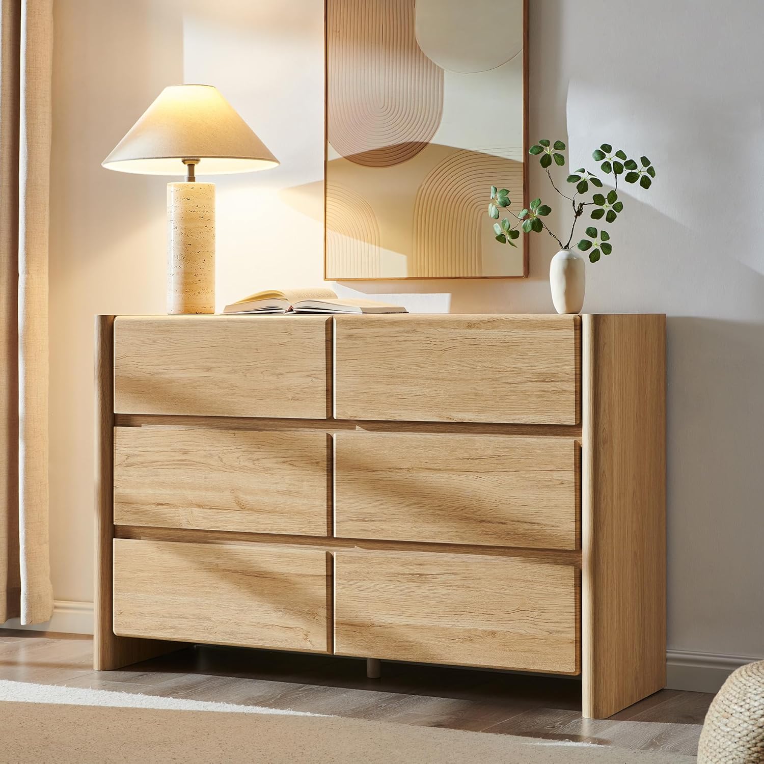 Modern 6 Drawers Dresser for Bedroom, 47 Wide Dresser w/Large Storage & Rounded Corner, Wood Handleless Chests of Drawers w/Natural Texture for Bedroom, Hallway, Living Room-Natural