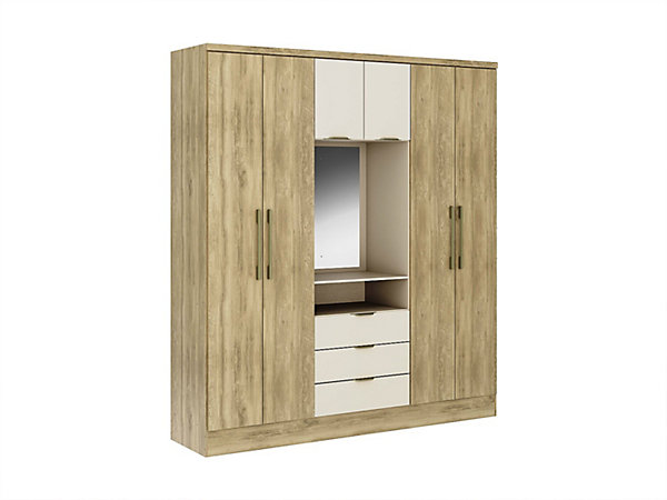 Armoire 6 portes et 3 tiroirs - Avec miroir - L180 cm - Coloris : Naturel et beige - ELORIO