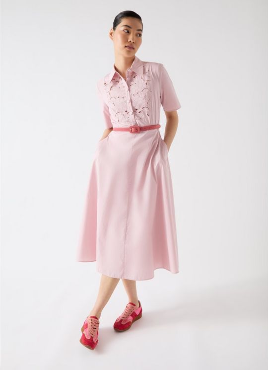 Grace Soft Pink Cotton Embroidered Lace Panel Bib Dress