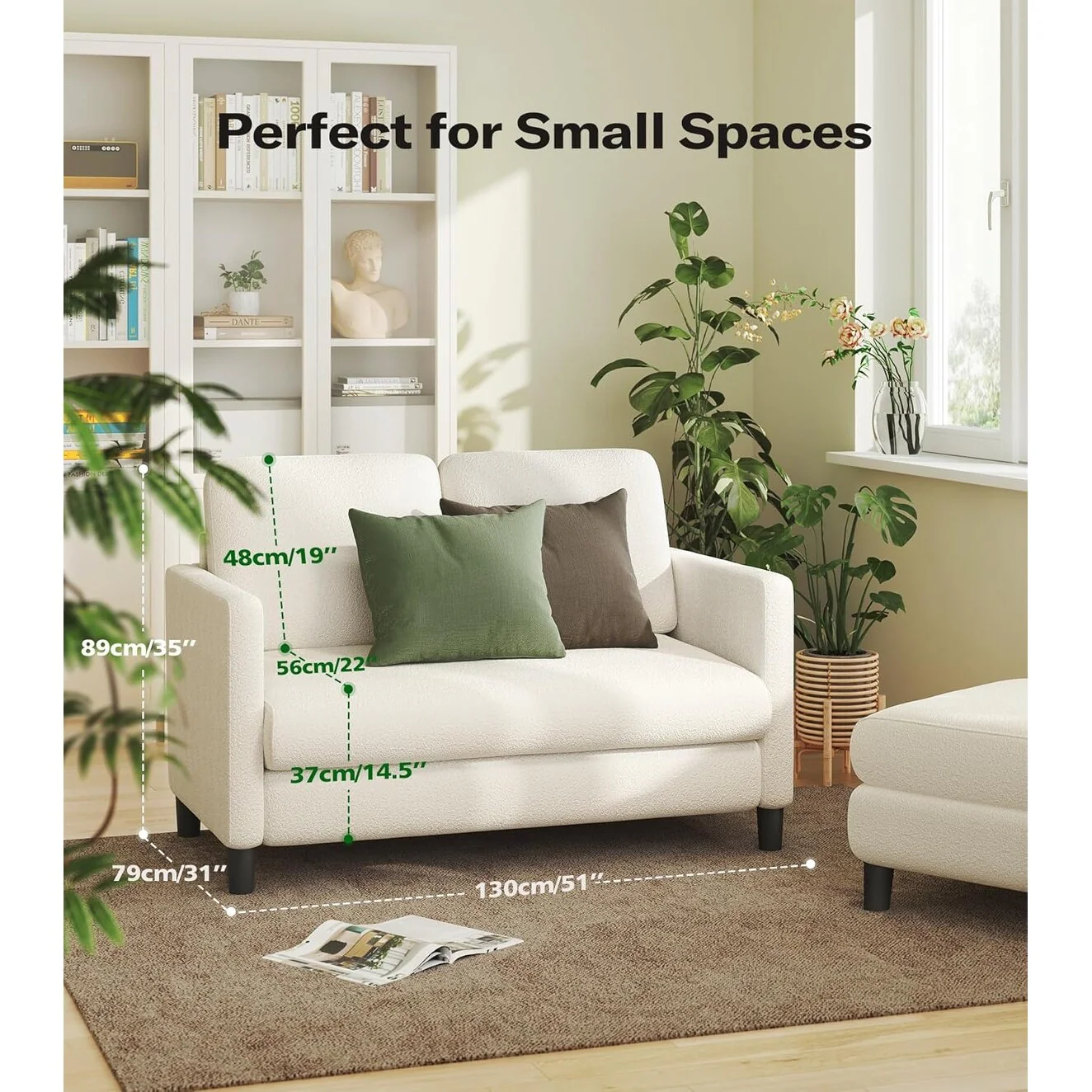 51 Comfy Teddy Loveseat Sofa for Small Spaces - All-Wood Frame, Tool-Free Setup Couch for Bedroom & Living Room, Beige