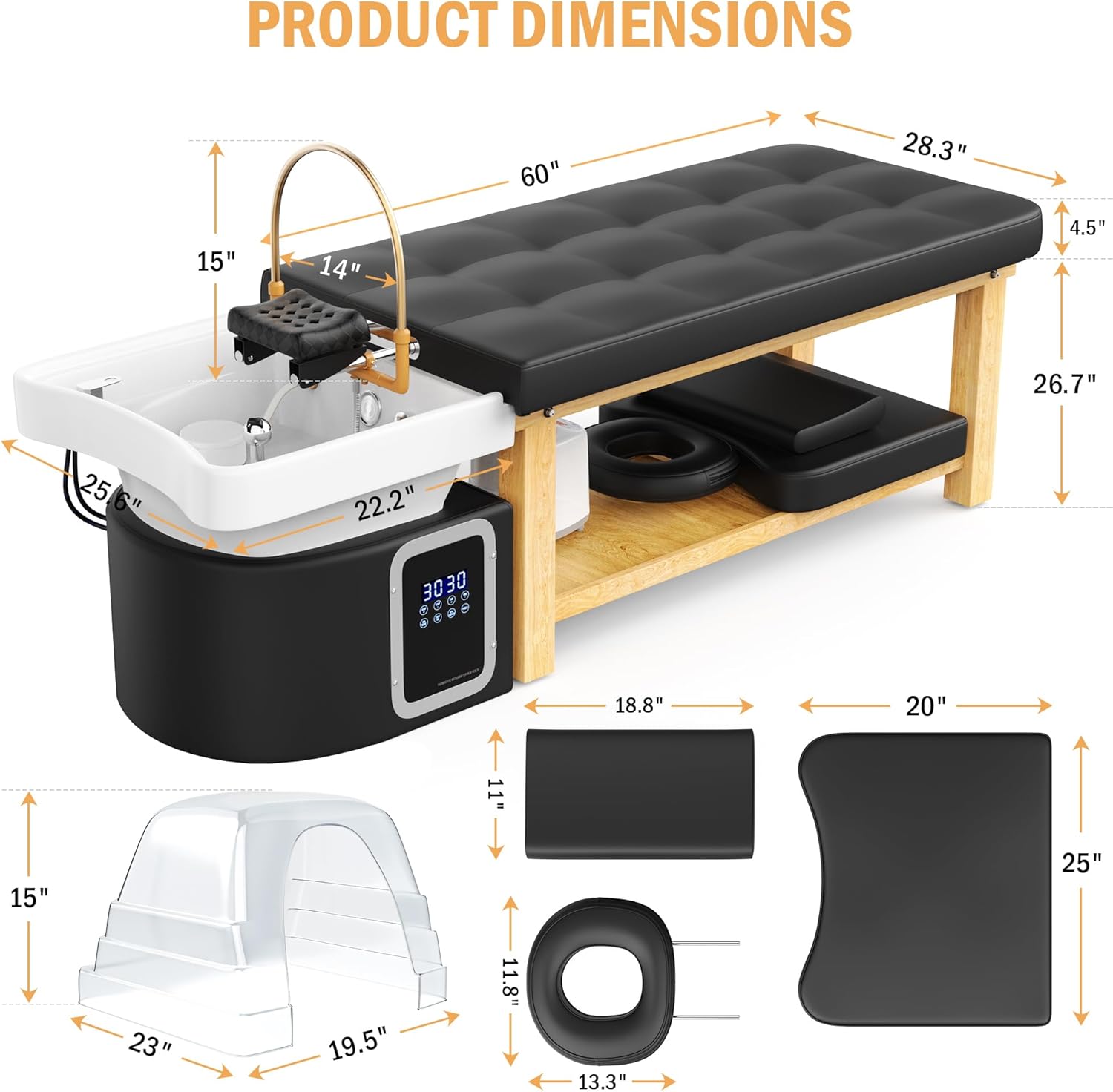 Dolonm Head Spa Shampoo Bowl Stationary Massage Table Set with Water Cycle & Fumigation Salon Equipment for Beauty Head Spa Physical Therapy Massage Salons, PU Leather Black, Wood Frame