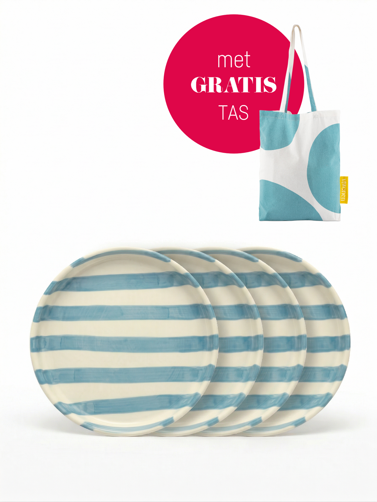 vtwonen - Gebaksbord - Strepen - Blauw - Keramiek - 13cm - Set van 4