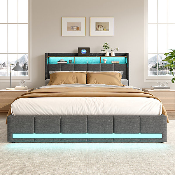 Lit 140x190 cm avec sommier éclairage LED et USB, 4 tiroirs et tête de lit de Rangement, Lin, Gris
