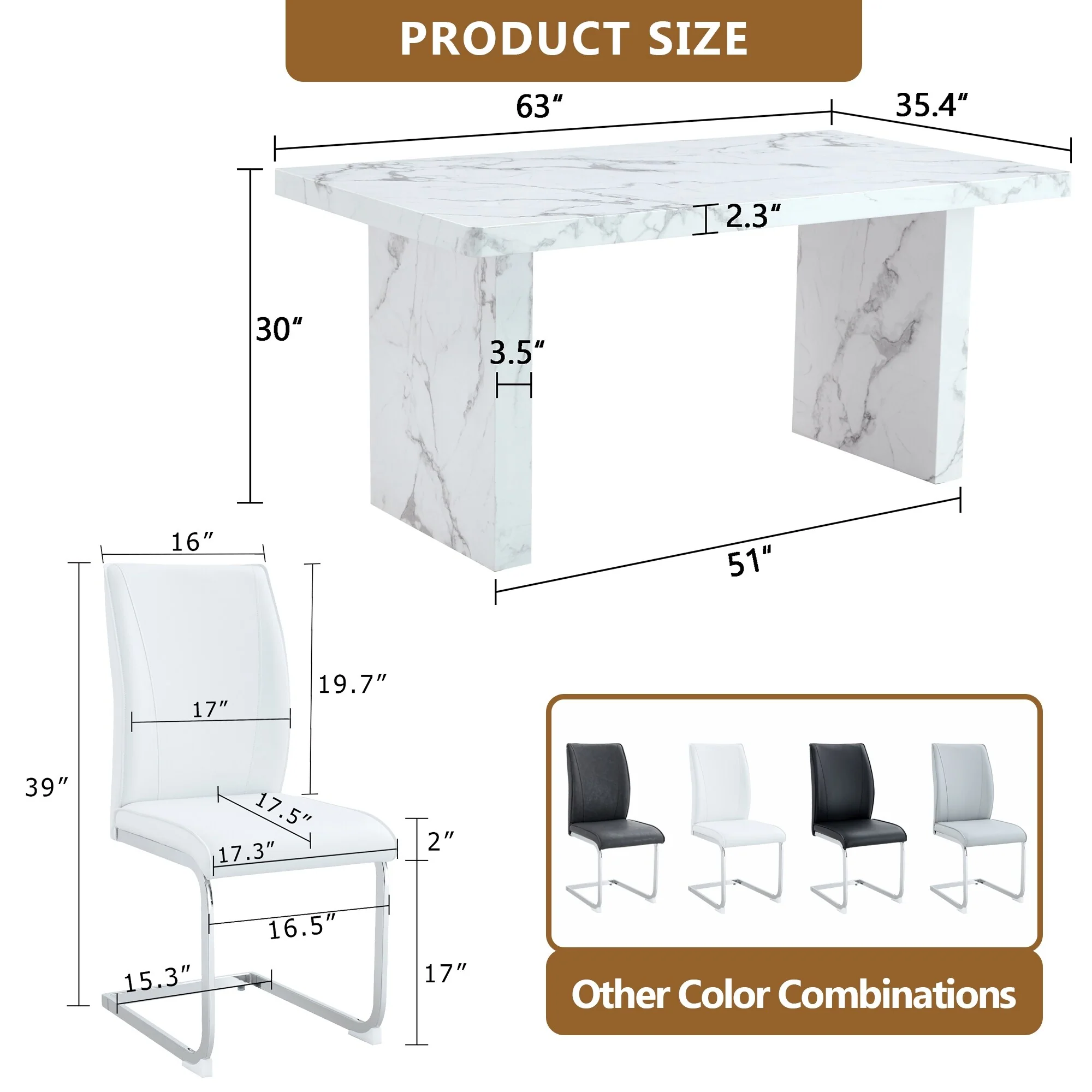Table and chair set, Imitation Marble Pattern MDF Dining Table Set - 4 Soft and Comfortable PU Chair With Arched Metal Leg