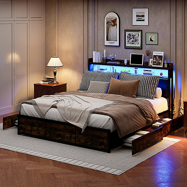 Lit 180x200 cm avec sommier à lattes, LED, 4 tiroirs, Adolescents, sans matelas