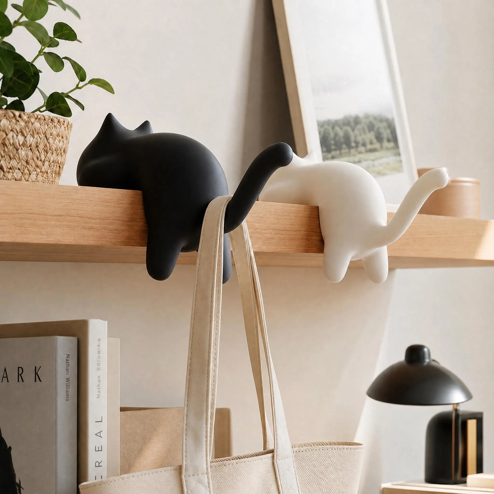 Cat Shelf Decor with Lantern, Gothic Halloween Bookshelf Ornament, Black Ivory Cat Lover Gift