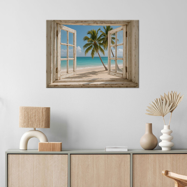 Obraz do salonu sypialni, Widok z okna na plażę palmy Shabby Chic 30x20