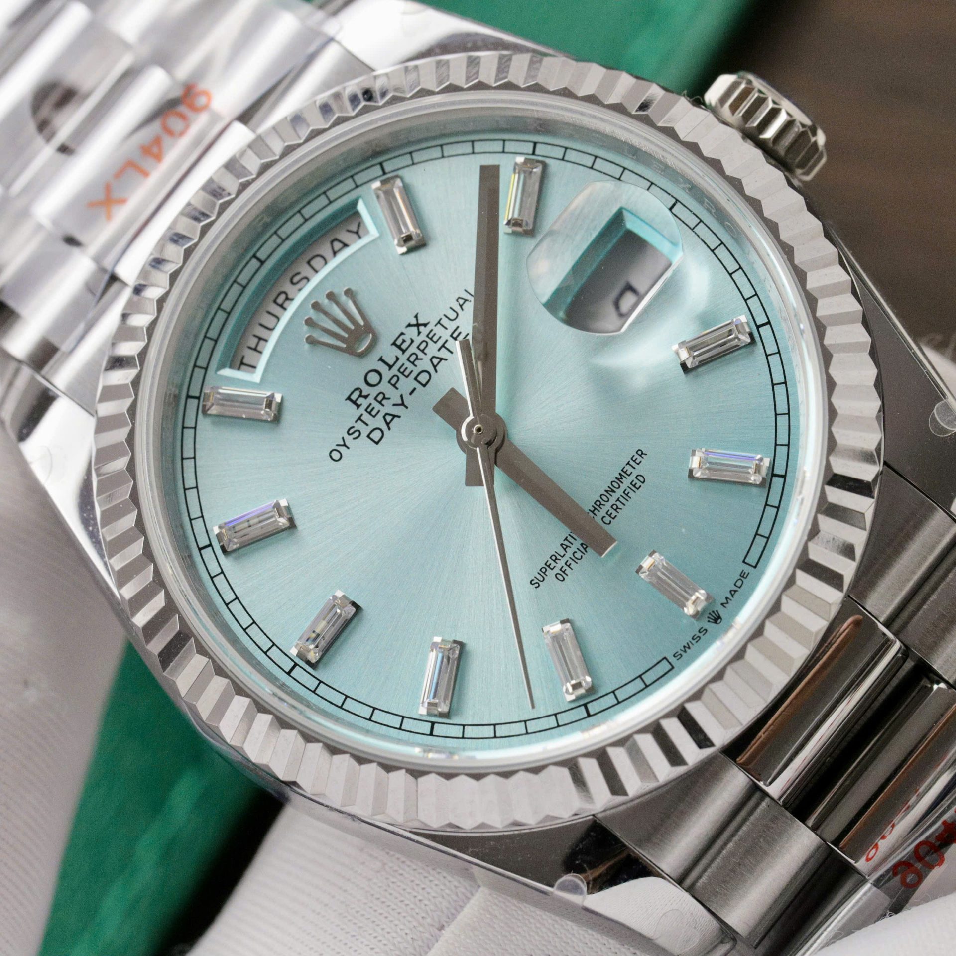 Rolex Day-Date 128236 904L Steel Ice Blue Dial CZ Diamonds 36mm Super Clone