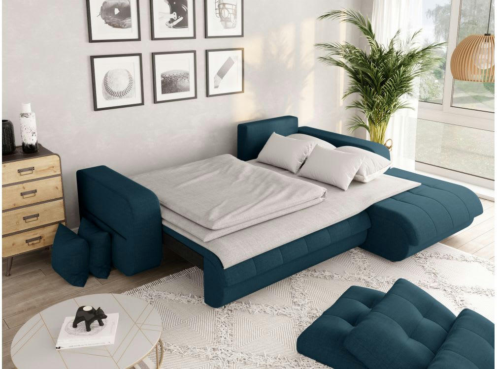 SUZIE - Canapé d'angle droit convertible en tissu bleu pétrole