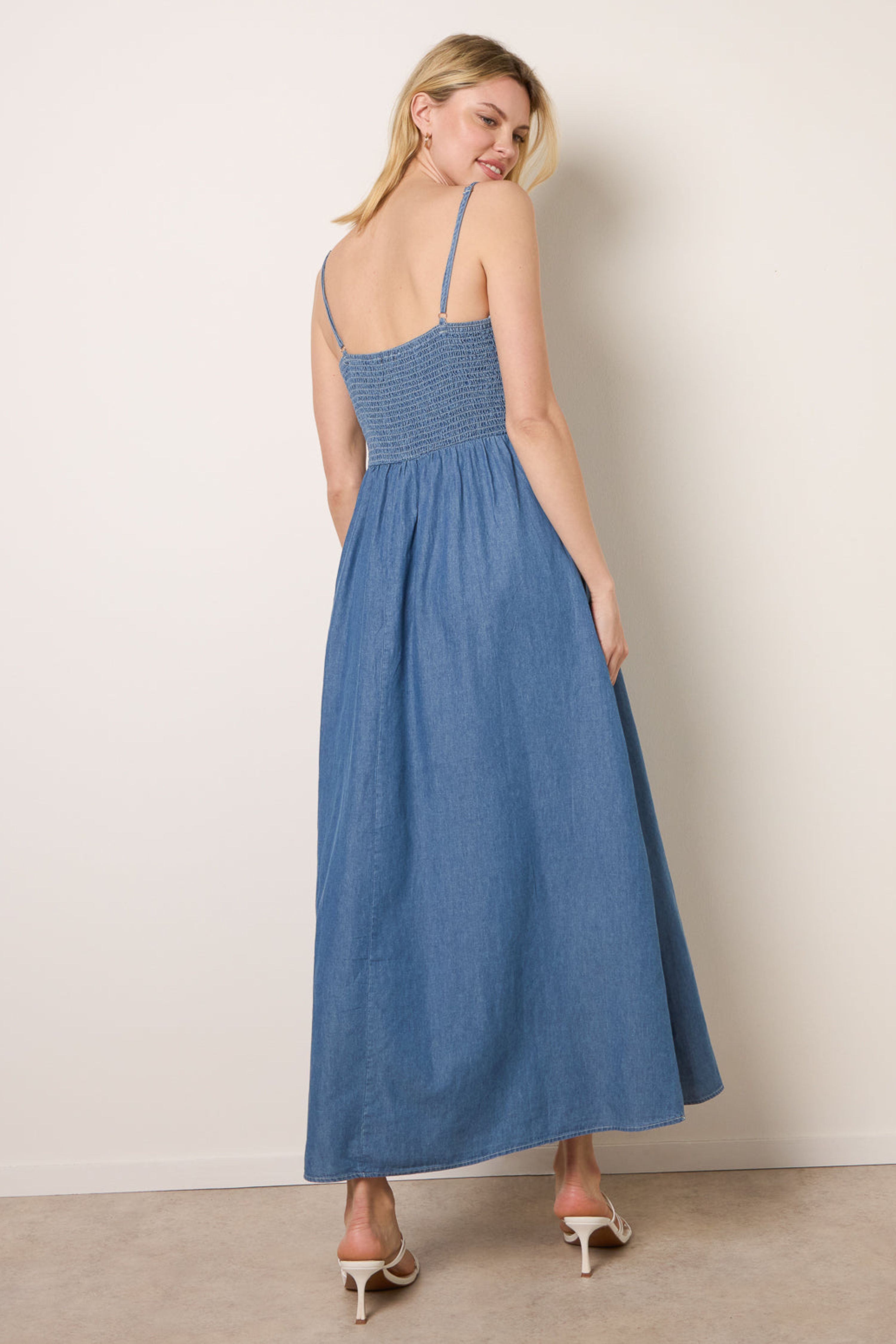Blue Vanilla Dark Indigo Floral Embroidery Adjustable Strap Maxi Dress