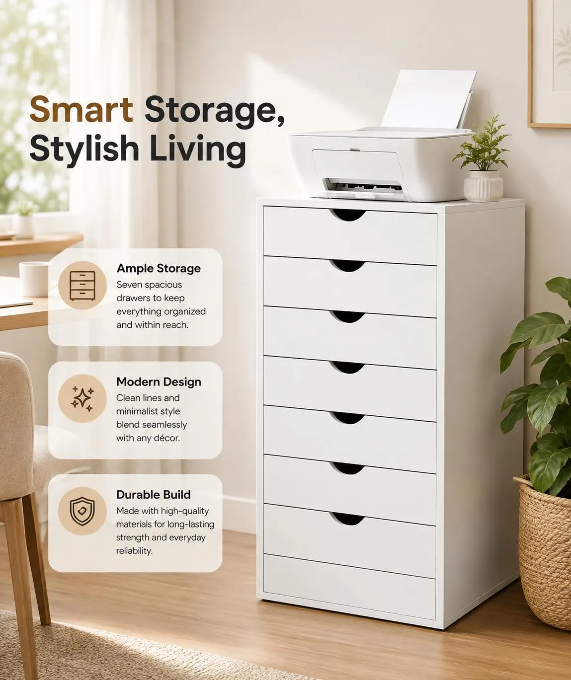 7 Drawer Storage Cabinet, Modern Wood Dresser Nightstand, Office Home Organizer