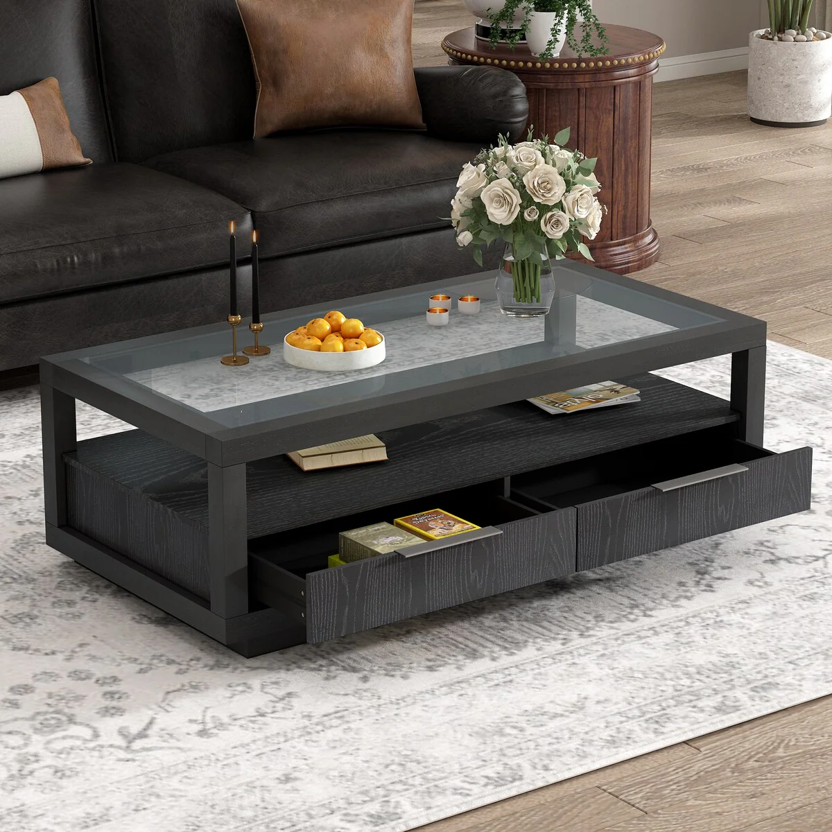 Modern Wood Coffee Table with 2 Drawers for Living Room