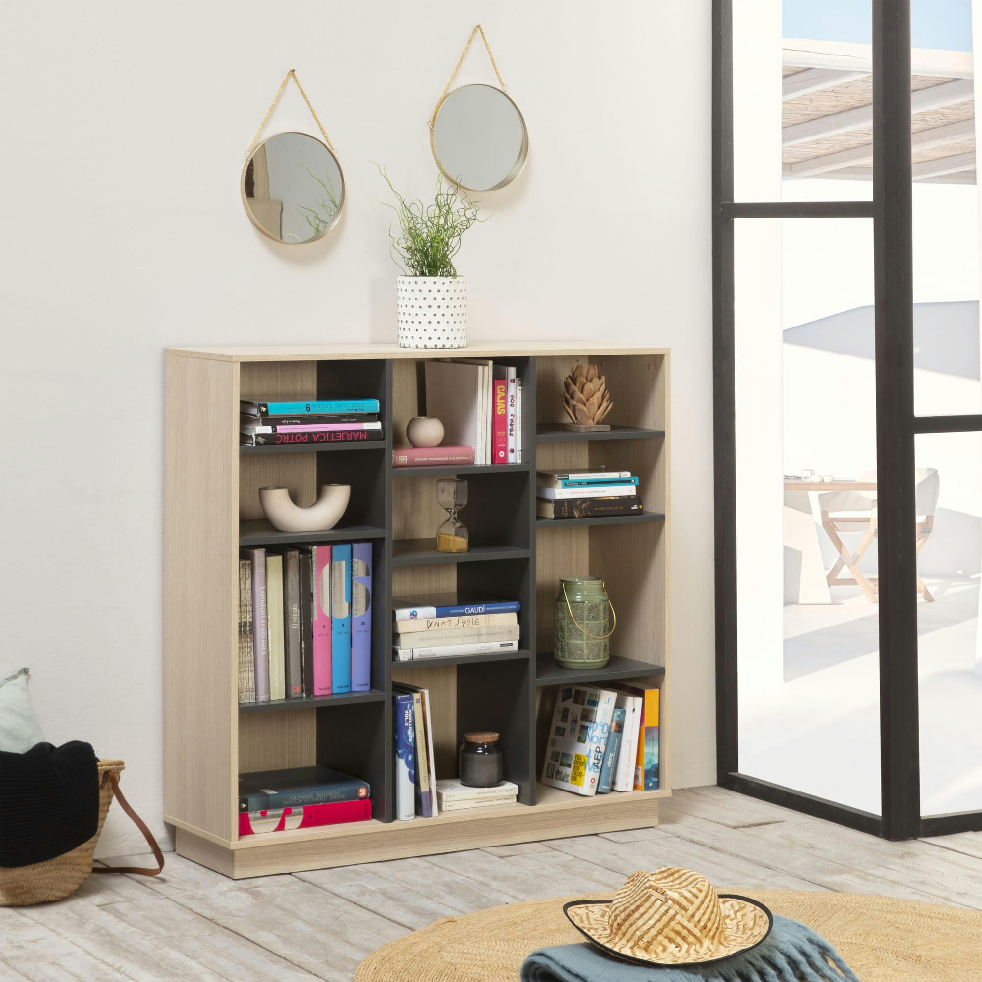 VIGO - Étagère bibliothèque 110x110 cm, couleur chêne et gris