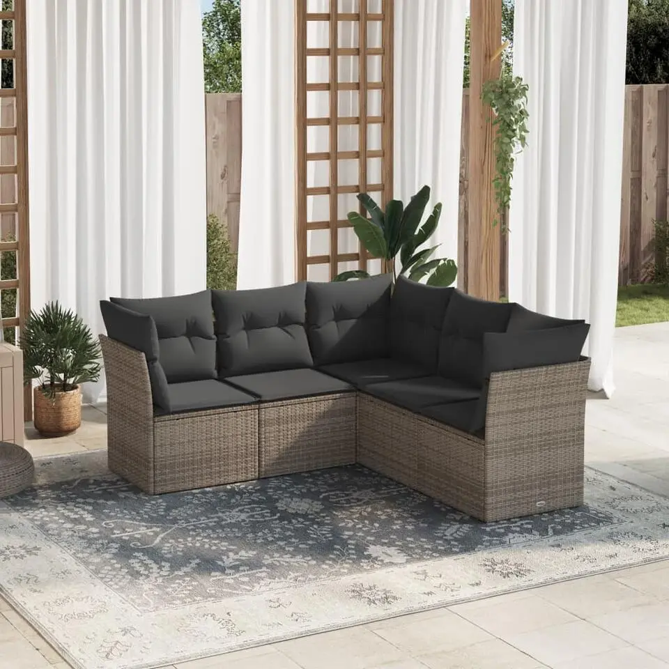 vidaXL 5-delige Loungeset met kussens voor 5 personen - Grijs - Poly Rattan