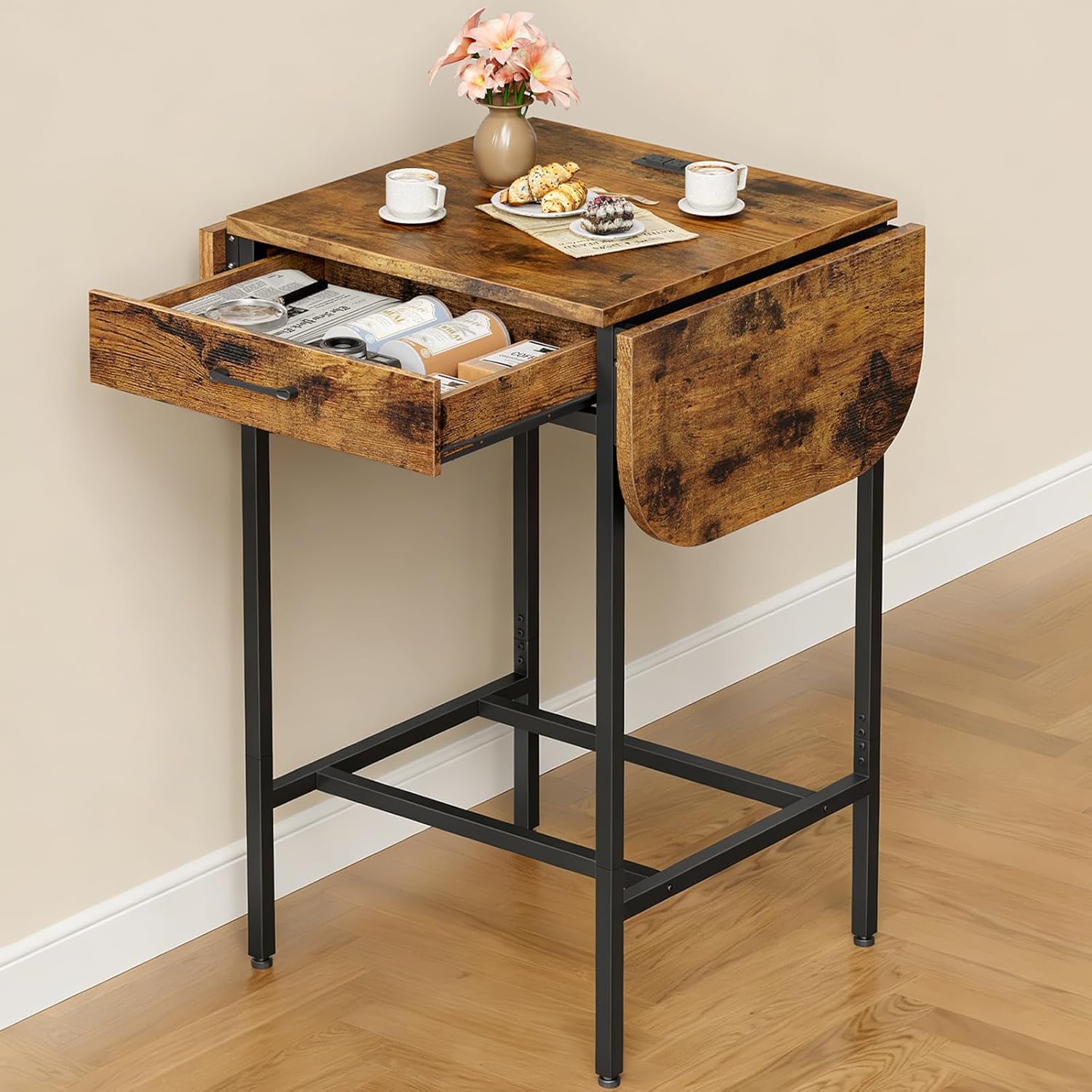 HOOBRO Bar Table, Folding Dining Table, 47.2-Inch Kitchen Table, Drop Leaf Extendabl Table with Outlets, Storage Drawer & Adjustable Feet for Kitchen, Rustic Brown and Black BF126UBT01