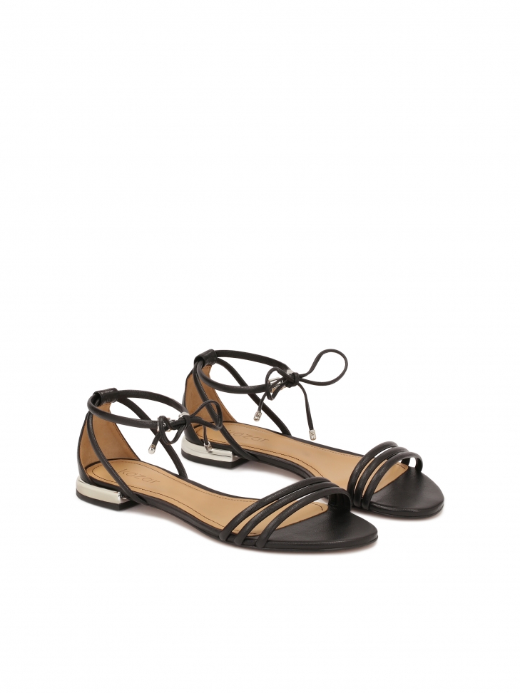 Black flat sole sandals with silver heel