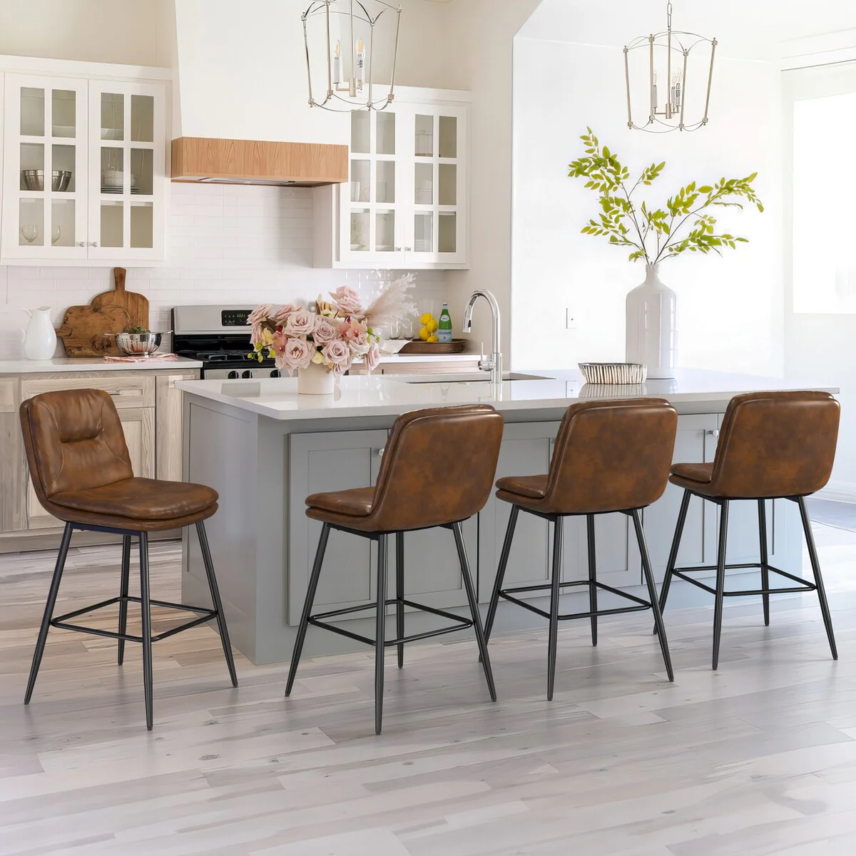 LUE BONA Double-Layer Faux Leather Upholstered Bar Stools Counter Height Bar Stools with Back and Footrest Set of 4