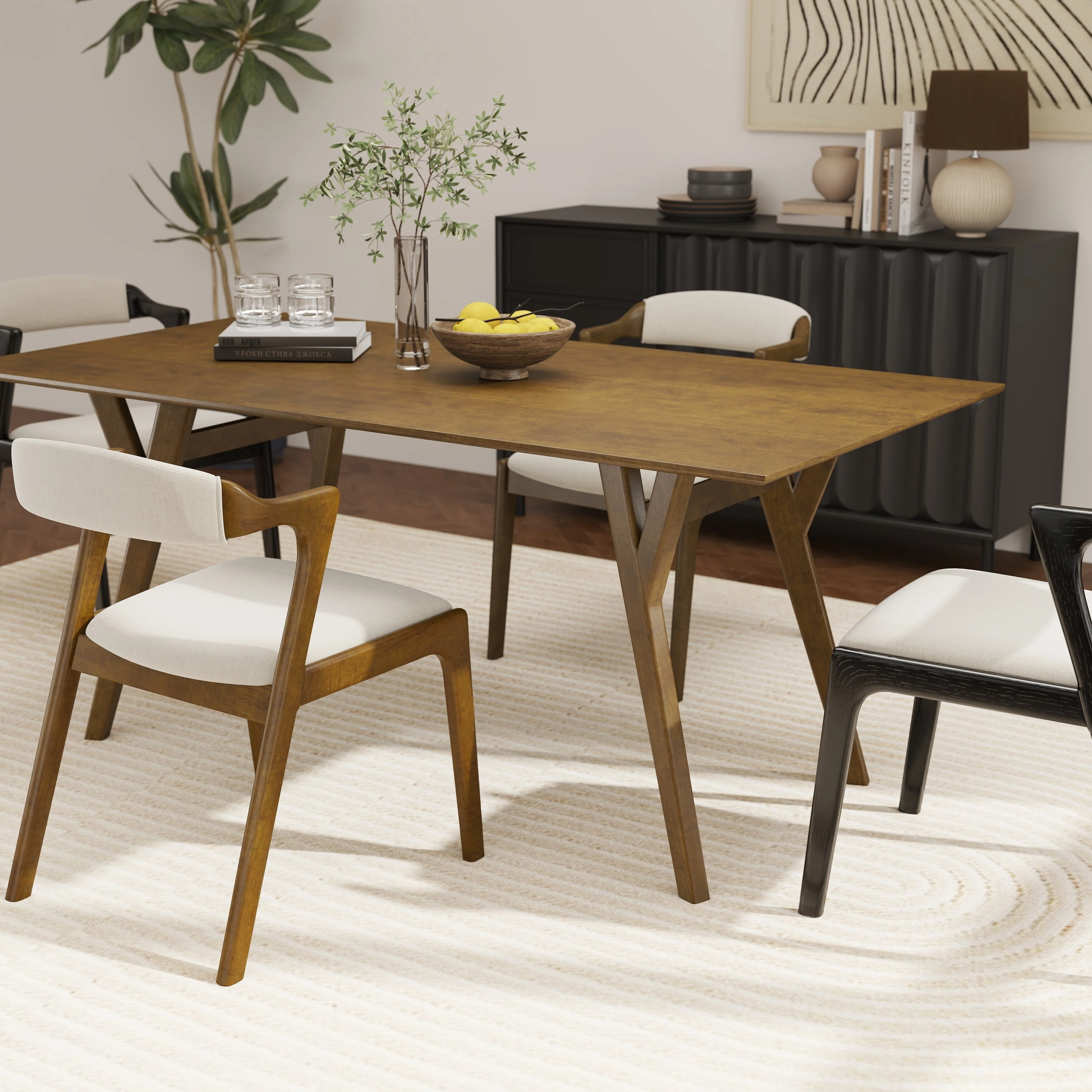 Roundhill Furniture Lavin Modern 5-Piece Dining Set, Dining Table with 2 Walnut and 2 Black Chairs