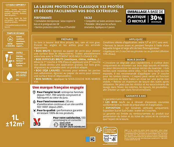 Lasure extérieure Haute Protection Protection Classique V33 incolore satin 5L
