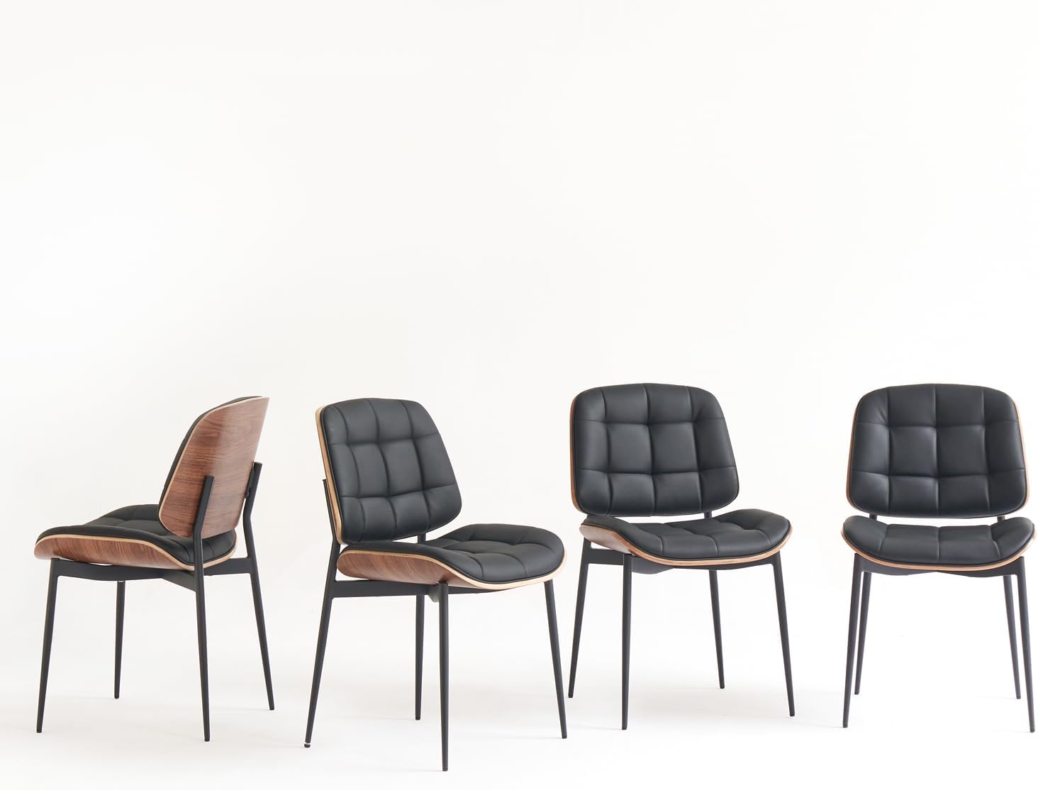 GrandNoor Mid Century Modern Dining Chairs with Walnut Grain Back, Black Faux Leather Dining Room Chairs Set of 4, Checkered Soft Cushion Kitchen Chairs with Adjustable Foot Pads