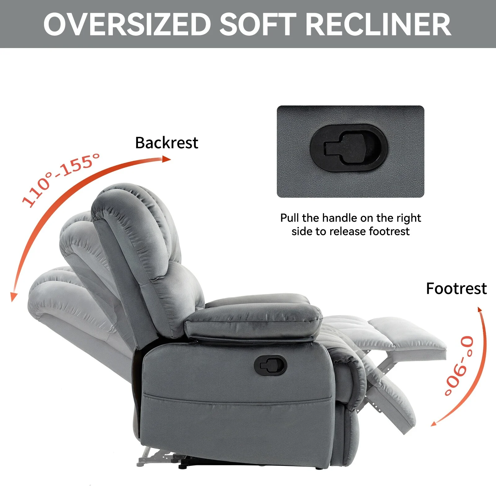 Grey Oversized Fabric Manual Recliner with Side Pockets, Adjustable Footrest