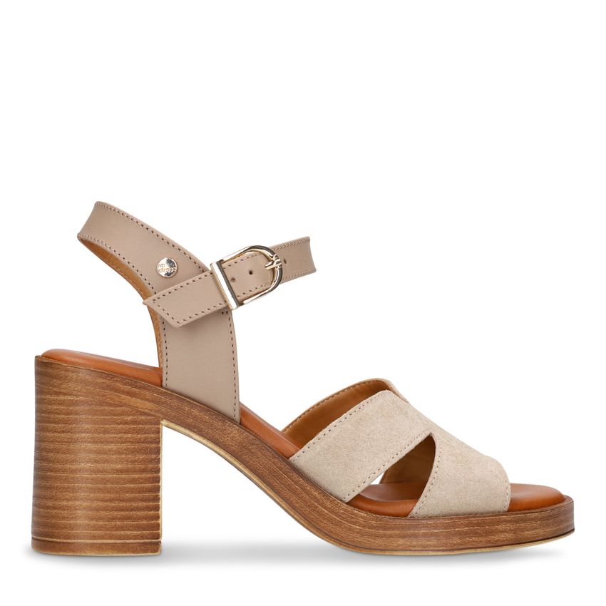 No Stress Beige suède sandalen met blokhak