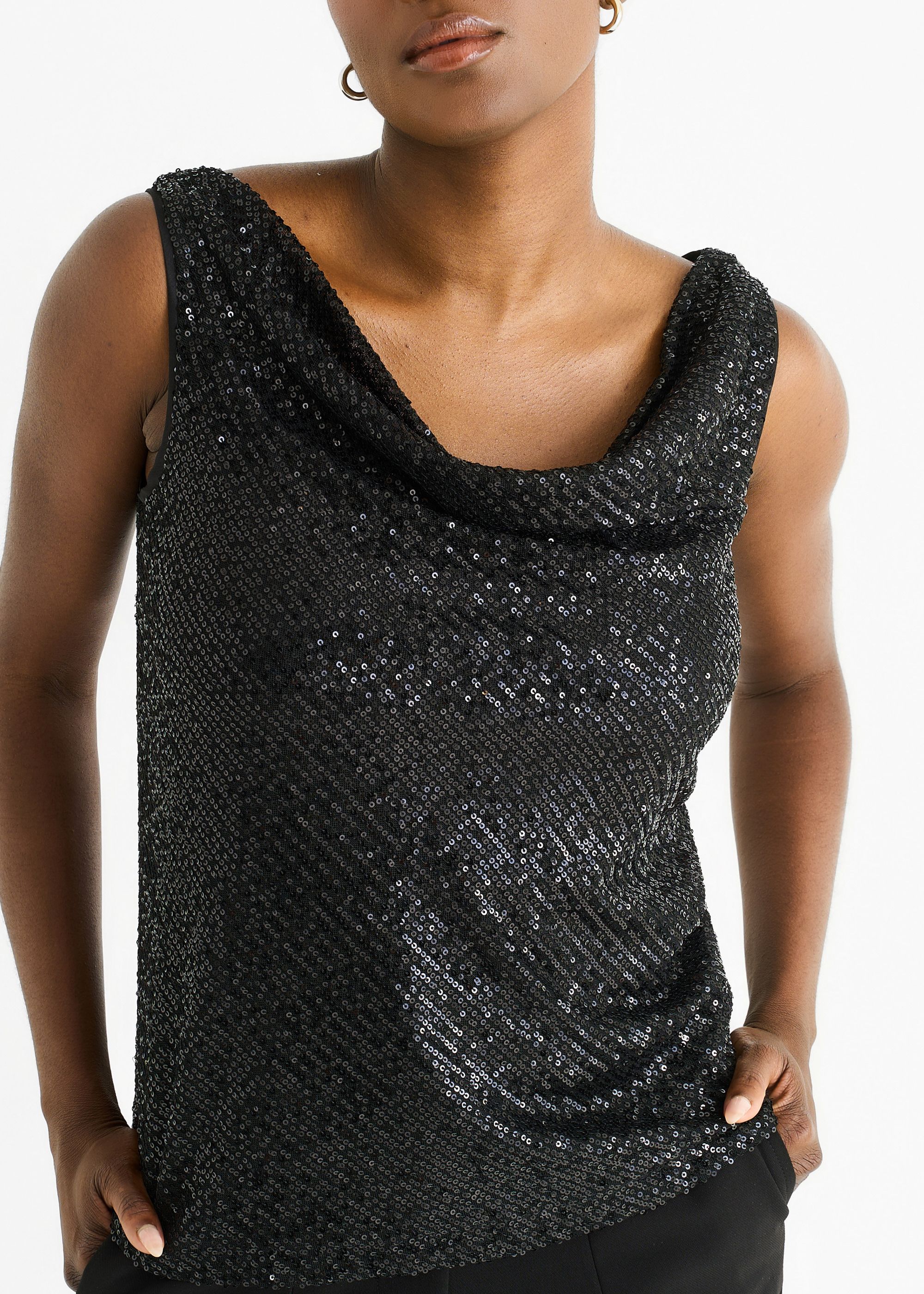 Gini London Black Sequin Cowl Neck Cami Top