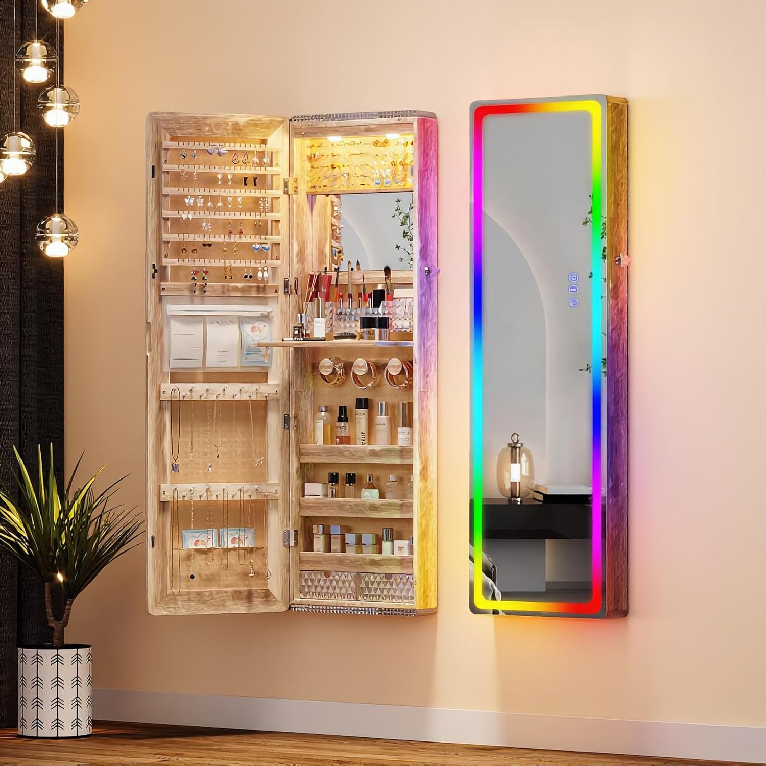 Lvifur LED Mirror Jewelry Cabinet - with RGB lights,Lockable Wall/Door Mounted Full Length Mirror with Storage,Hanging Jewelry Organizer-2 Drawers,Foldable Shelf,Built-in Lighted Mirror(Wood)