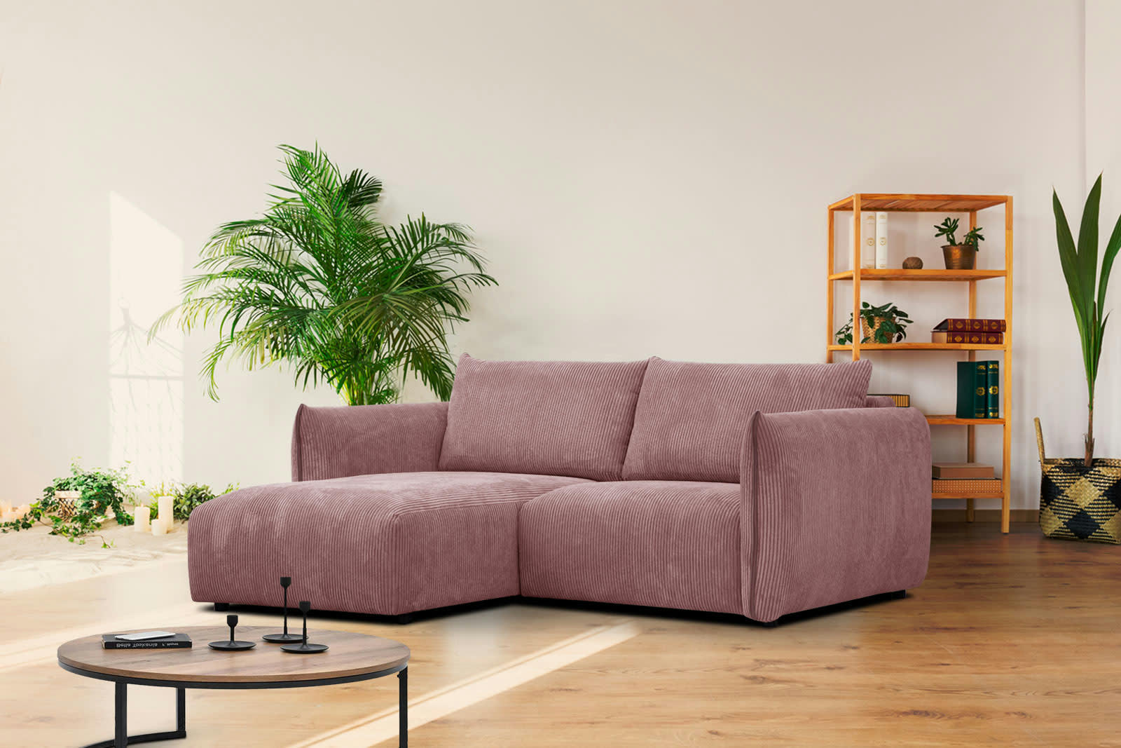 TAUER - Canapé d'angle gauche 3 places tissu rose