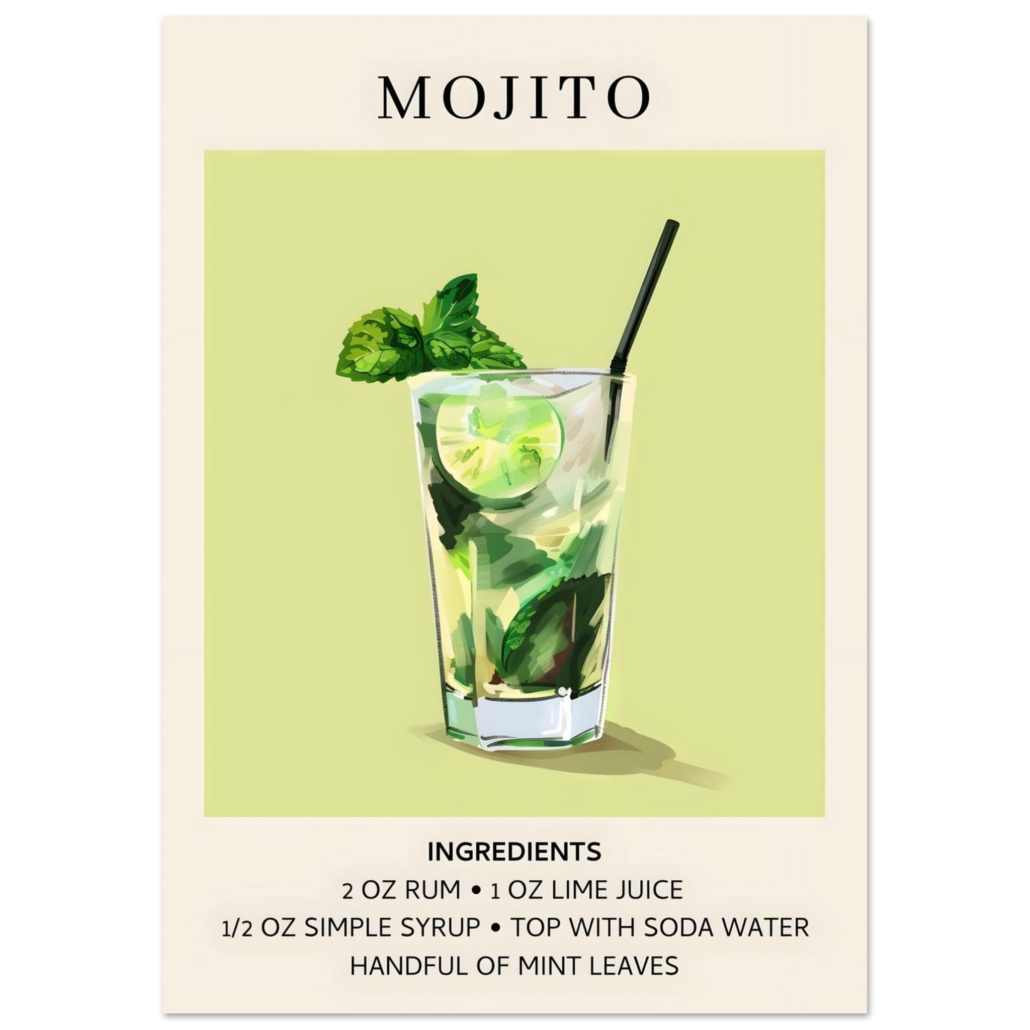 Artfulprints Poster Mojito cocktail - Ingrediënten  - A4 21x29.7 cm - Groen